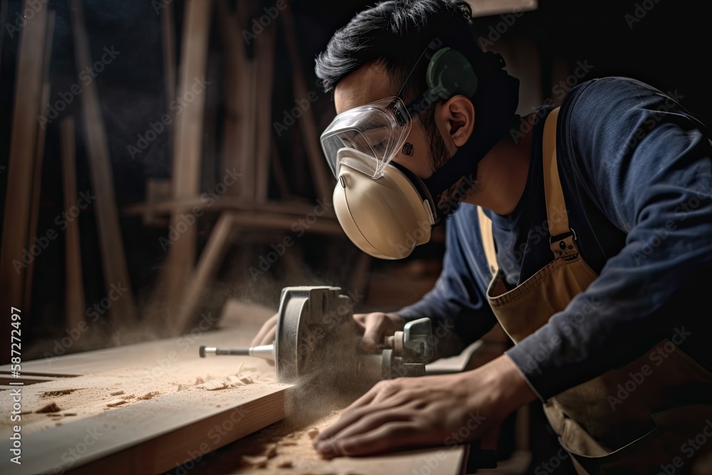 Young man carpenter wearing a dust mask factory workers Skilled carpenter cutting wood in his woodworking workshop with copy space - obrazy, fototapety, plakaty 