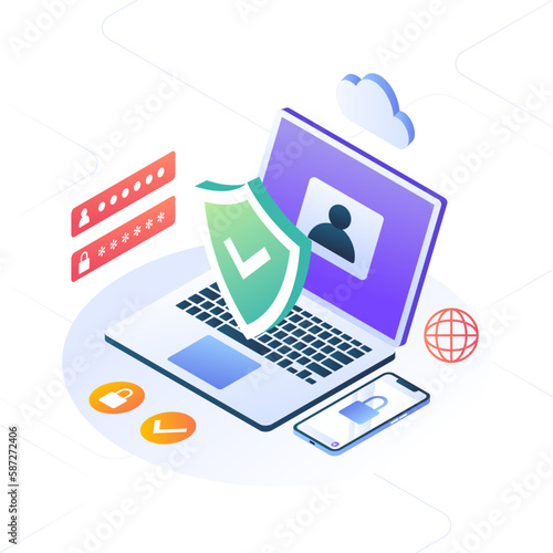 Business icon and developing a successful business. cleaner and finance development concept vector isometric. laptop and mobile with cloud and security technology business tools modern application web