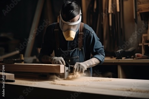 Young man carpenter wearing a dust mask factory workers Skilled carpenter cutting wood in his woodworking workshop with copy space