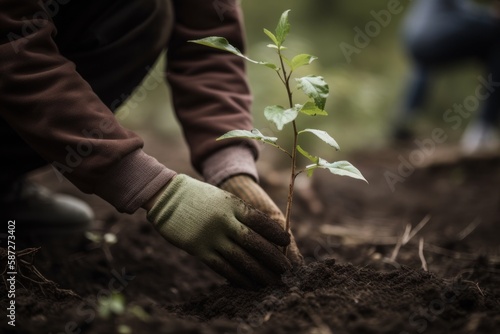 People Planting Trees and Caring for Saplings in a Forest: Community Garden and Environmental Conservation - Promoting Habitat Restoration and Community Engagement on Earth Day. Generative A.I. 