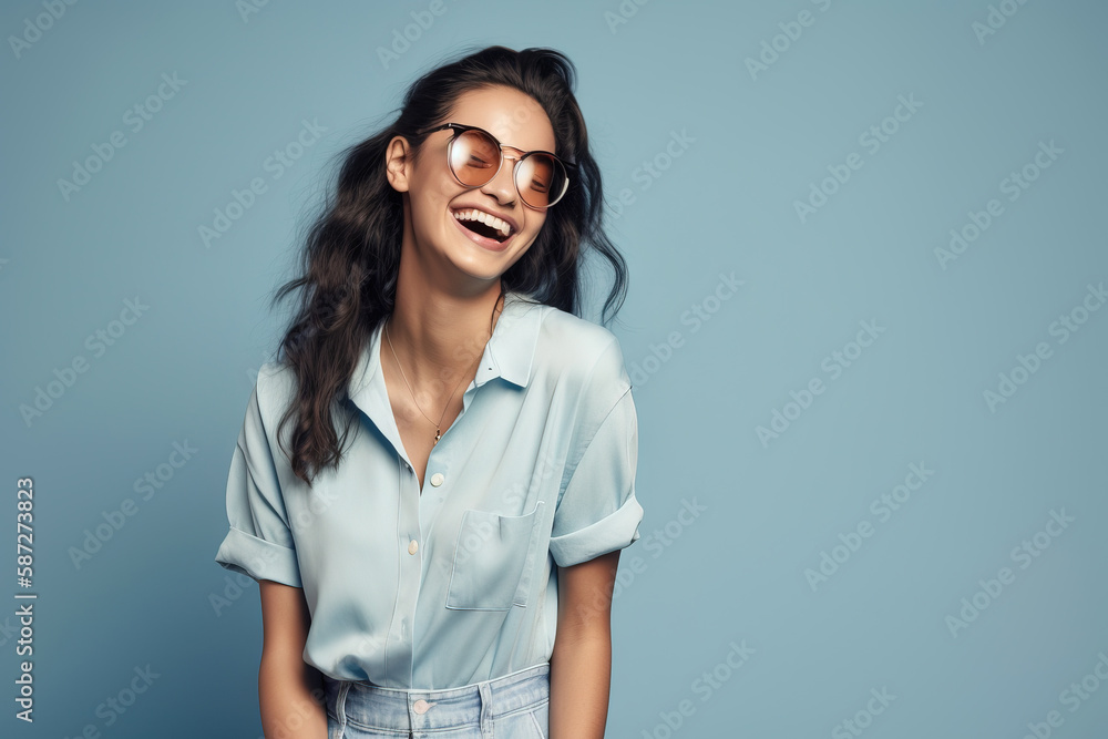Happy emotions concept. Positive beautiful young woman laughs poisitively looks aside with carefree face expression wears casual style isolated over studio background. Generative AI