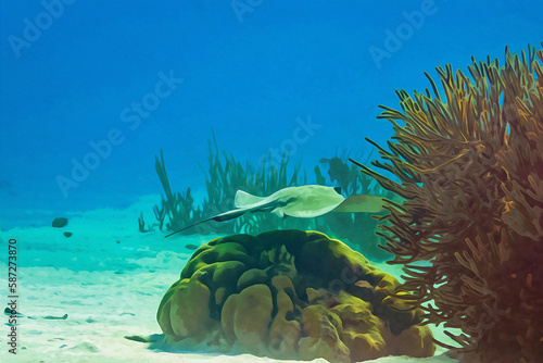 Digitally created watercolor painting of Southern stingray Hypanus americanus swimming over the coral reef photo