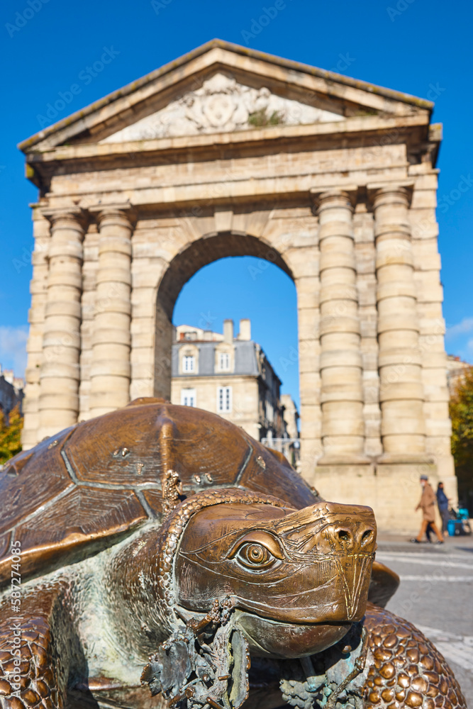 Aquitaine gate and turtle bronze sculpture. Bordeaux symbol. France