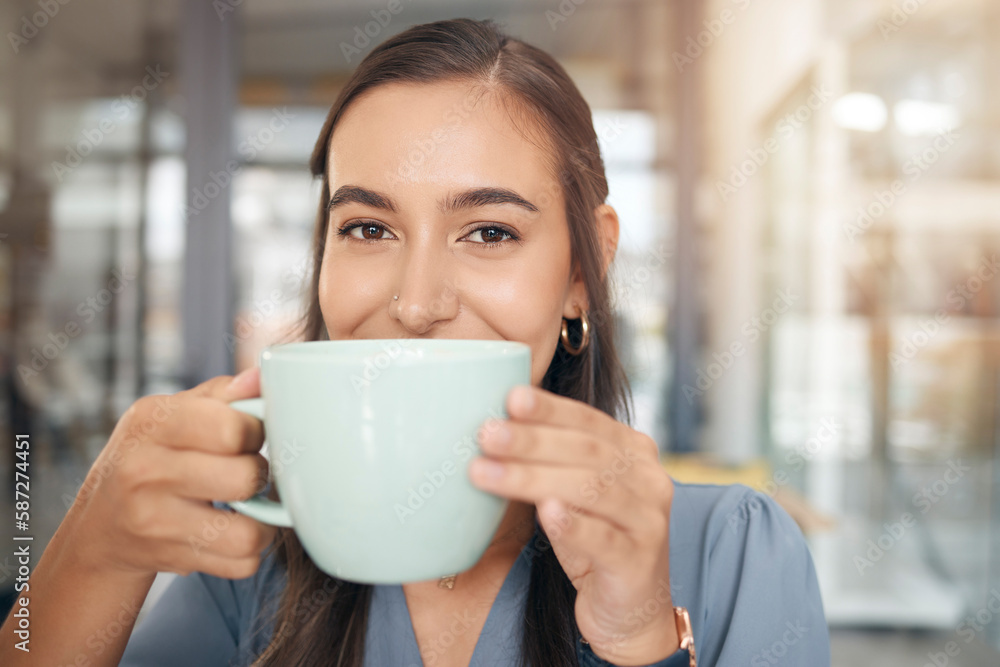 Coffee drink, face portrait and woman drinking hot chocolate, tea cup or relax morning beverage for hydration wellness. Caffeine, female business manager or corporate office person with espresso mug Coffee drink, face portrait and woman drinking hot chocolate, tea cup or relax morning beverage for hydration wellness. Caffeine, female business manager or corporate office person with espresso mug