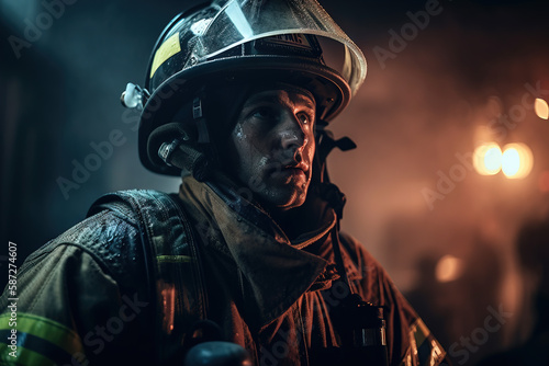 Brutal firefighter in uniform and safety helmet holding an oxygen mask and looking sideways with a confident look. Generative ai