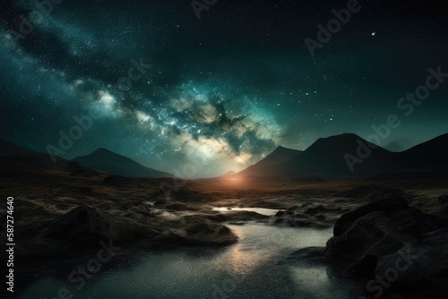 serene river flowing through a verdant field under a starry night sky. Generative AI © AkuAku
