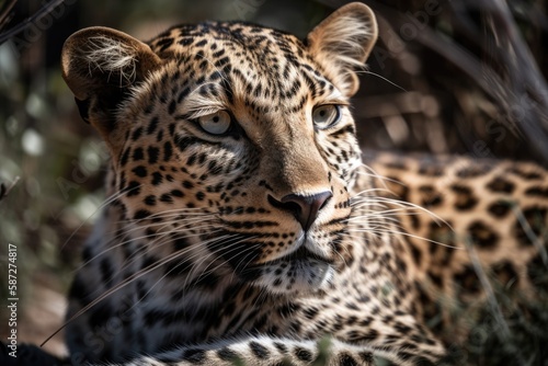 A wild leopard rests in the shade of a bush. Generative AI