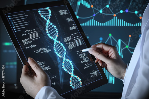 Doctor Analyzing Human Chromosome DNA Genetics on a Tablet with Virtual Interface. Generative AI