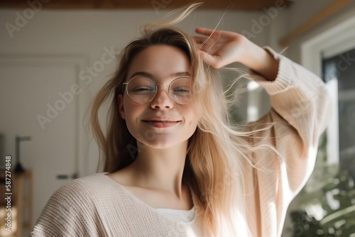 Funny young fair-skinned woman dancing with her eyes closed alone at home in daytime. glasses and oversized sweater. Freedom and happy lifestyle concept. Generative AI