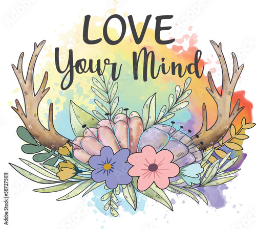 Love your mind motivational floral watercolor vector  (ID: 587275011)