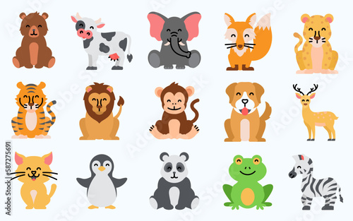 Collection of animals with big heads. cute baby animal. types of wild animals. flat vector illustration.