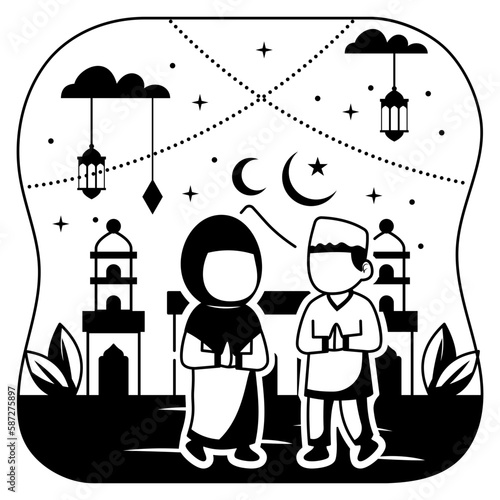 Selamat Idul Fitri vector icon Design, Ramazan and Eid al-Fitr Symbol, Islamic and Muslims fasting Sign, Arabic holiday celebration stock illustration, Asian couple are celebrating Eid Mubarak concept