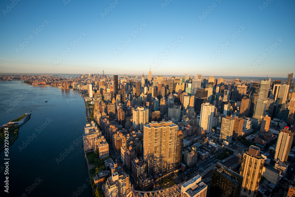 Low sun over the city of New York, elevated view