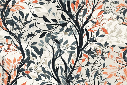 Seamless pattern of branches and leaves on a light background. Generative AI illustration.