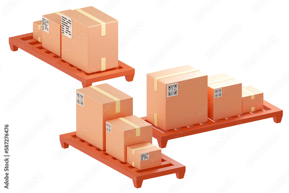 Carton boxes. Parcels on pallets. Cardboard boxes with paper stickers. QR code for buyer on parcel. Cardboard boxes isolated on white. Delivery and order processing concept. 3d rendering.