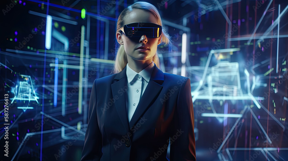 Fototapeta premium Businesswoman wearing virtual reality goggles. Generative AI