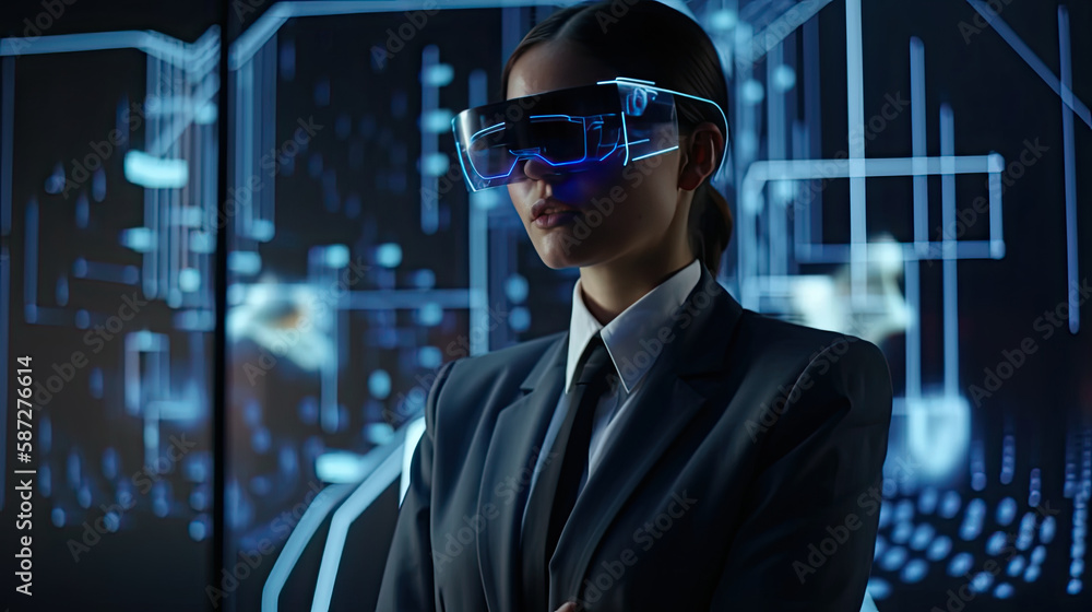 Fototapeta premium Businesswoman wearing virtual reality goggles. Generative AI
