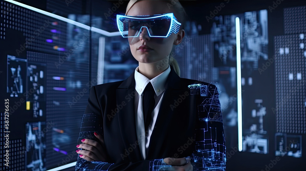 Businesswoman wearing virtual reality goggles. Generative AI Businesswoman wearing virtual reality goggles. Generative AI