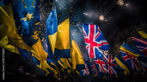 Flags of Union Jack and Ukraine Wave at Eurovision. Generative AI.