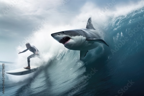 Surfer about to face a brutal attack by a great white shark appearing inside the wave, representing the dangers of extreme sports. Generative AI