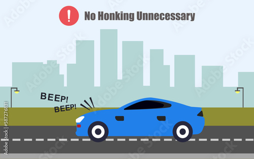 no honking unnecessary in road, follow traffic rule. Side view of a city street.