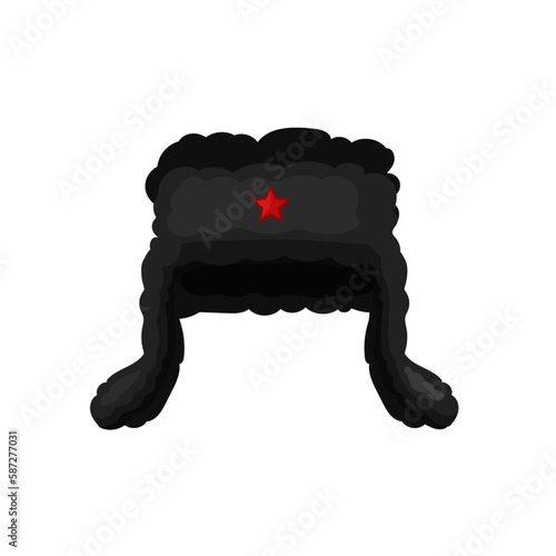 Hat with earflaps with red star. Soviet headdress made of warm fur to protect against cold with vintage traditional vector design