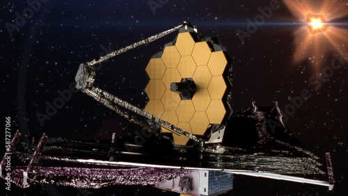 James Webb space telescope orbiting the sun in deep space. 3D animation