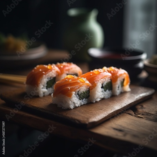 Delicate Sushi Splendor with a Close-Up of Artisanal Dishes Arranged in a Delightful Array Generated by AI