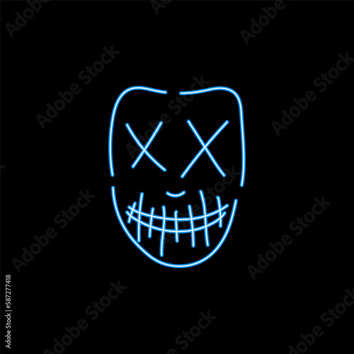 Neon blue zombie mask. Dead character with cross eyes and sewn mouth with fangs for halloween and vector party