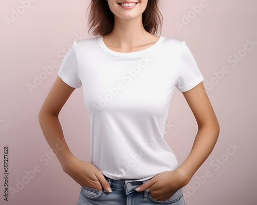 Woman in white T-shirt on light pink background Mockup, White blank t-shirt mockup template pink wall background, generative ai