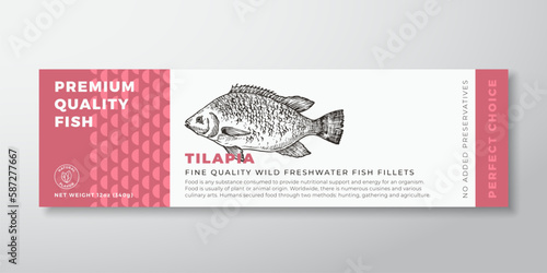 Premium Quality Tilapia Vector Packaging Label Design Modern Typography and Hand Drawn Freshwater Fish Silhouette Seafood Product Background Layout