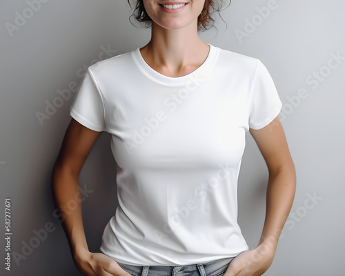 Woman in white T-shirt on gray background Mockup, White blank t-shirt mockup template gray wall background, generative ai