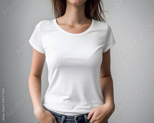 Woman in white T-shirt on gray background Mockup, White blank t-shirt mockup template gray wall background, generative ai