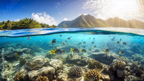 Coral reef in the blue sea with tropical fish  Generative AI