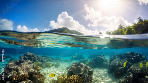 Coral reef in the blue sea with tropical fish, Generative AI