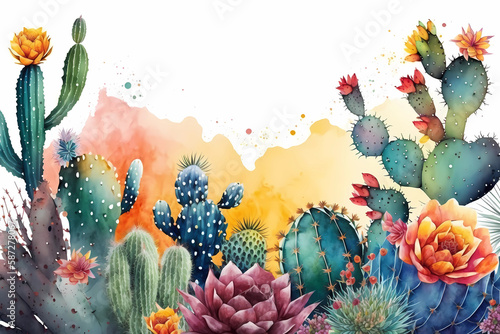 Watercolor composition with tropical cactus with flowers on white background. Floral illustration. Generative AI.