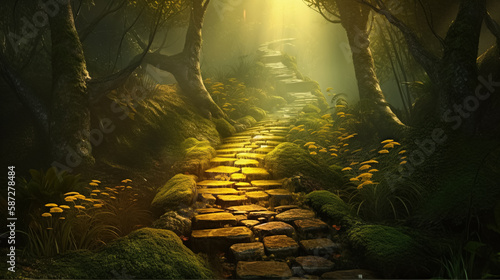 Yellow Brick road in magic forest by AI photo