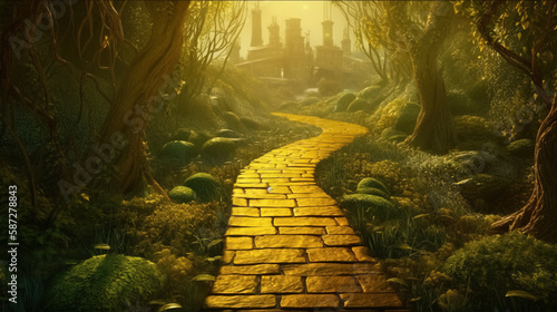 Yellow Brick road in magic forest leading to the city by AI