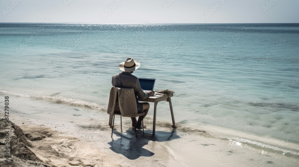 businessman remotely working from beach. telecommuting. generative ai