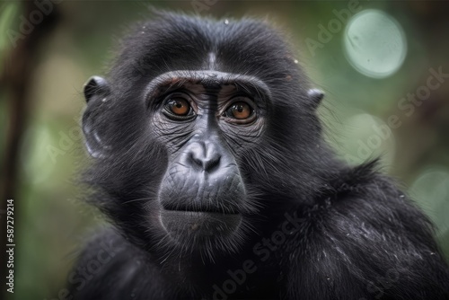 The black ape, sometimes referred to as the Celebes crested macaque (Macaca nigra), Sulawesi crested macaque, or the crested black macaque. Generative AI