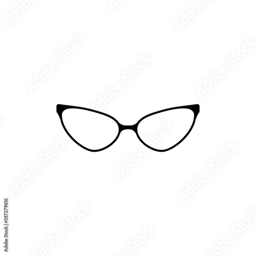 Elongated glasses with black frames. Sunglasses accessory to protect eyes from sun with stylish lenses and plastic vector frames.