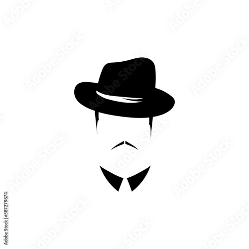Male head with tie hat and mustache template. Retro men character 20s with vintage style for masquerade and designer vector avatar