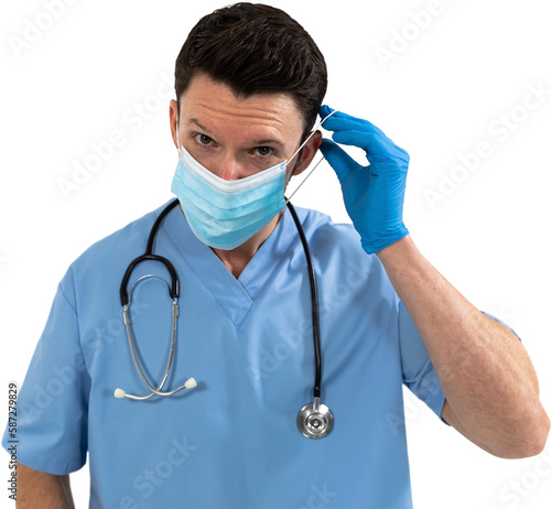 Mid section of man health worker wearing gloves,mask and stetoscop against black backgroud photo