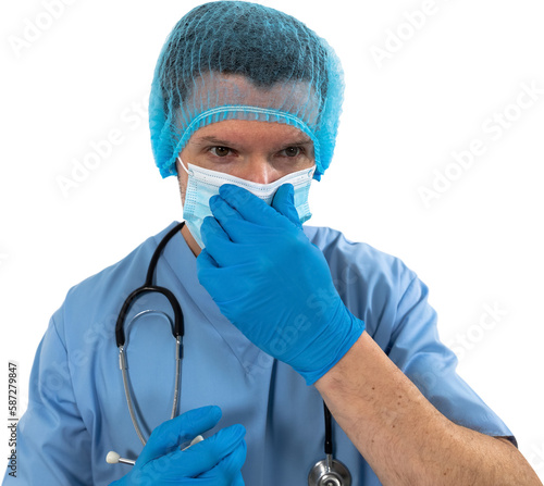 Mid section of man health worker wearing gloves,mask and stetoscop against black backgroud photo