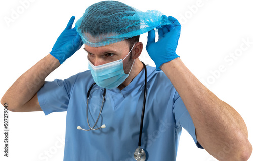 Mid section of man health worker wearing gloves,mask and stetoscop against black backgroud photo