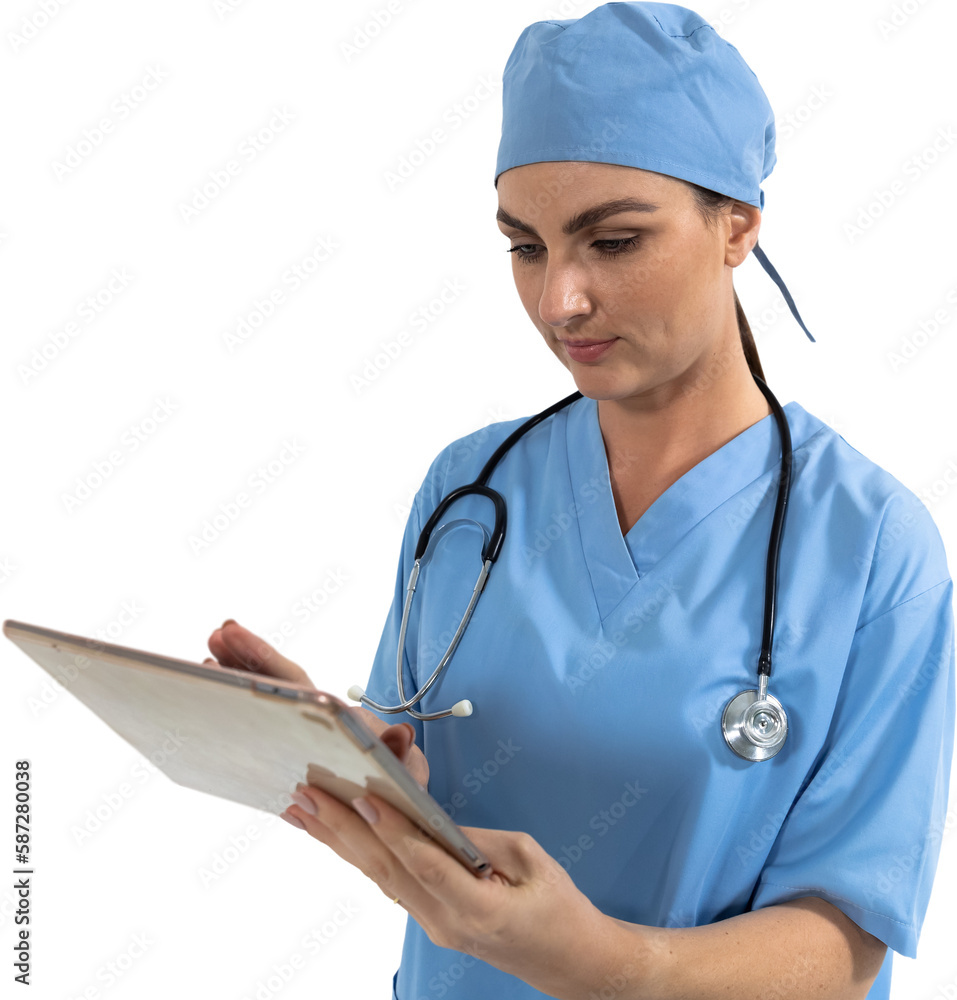 Mid section of woman health worker writing on a tablet against black background Mid section of woman health worker writing on a tablet against black background