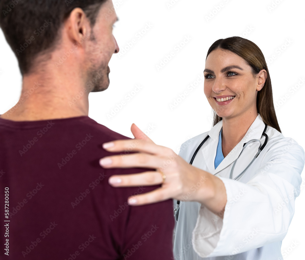 Female caucasian doctor smiling while looking at male patient against black background Female caucasian doctor smiling while looking at male patient against black background