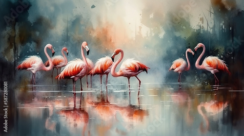 Pink flamingos fluttering on the surface of the water photo