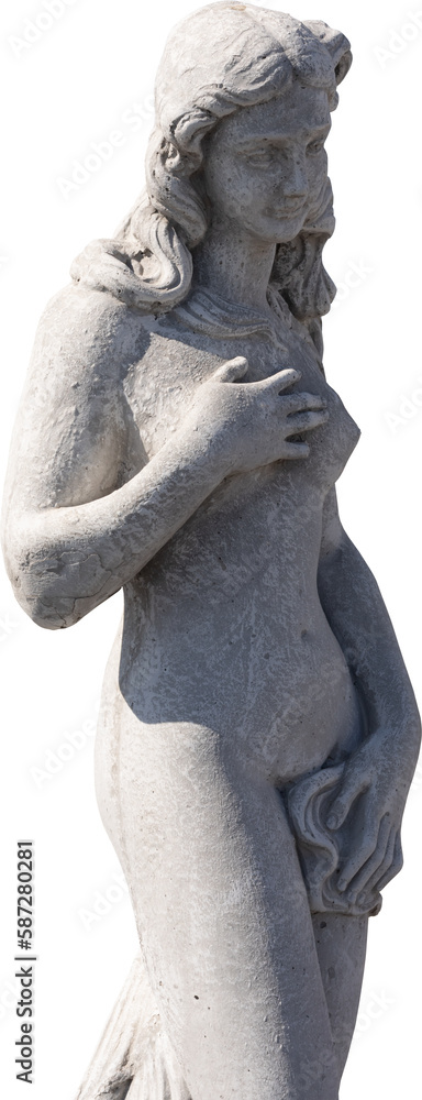 Naklejka premium Image of ancient classical style weathered sculpture of naked woman on transparent background