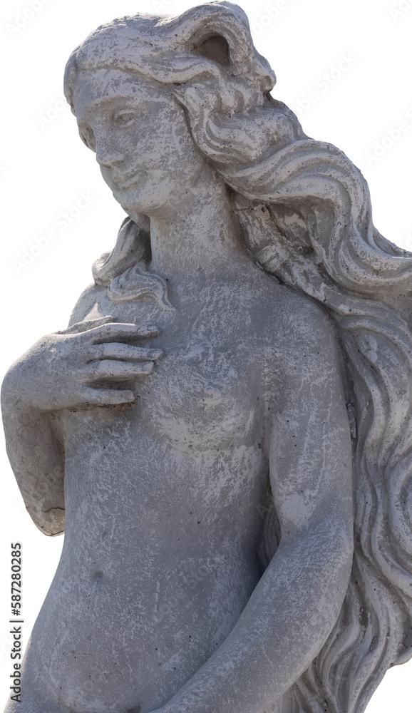 Naklejka premium Image of ancient classical style weathered sculpture of naked woman on transparent background